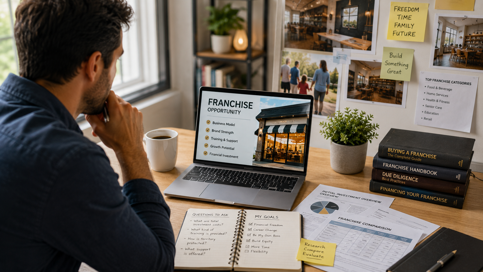 Executive reviewing business reports before deciding whether to buy a franchise