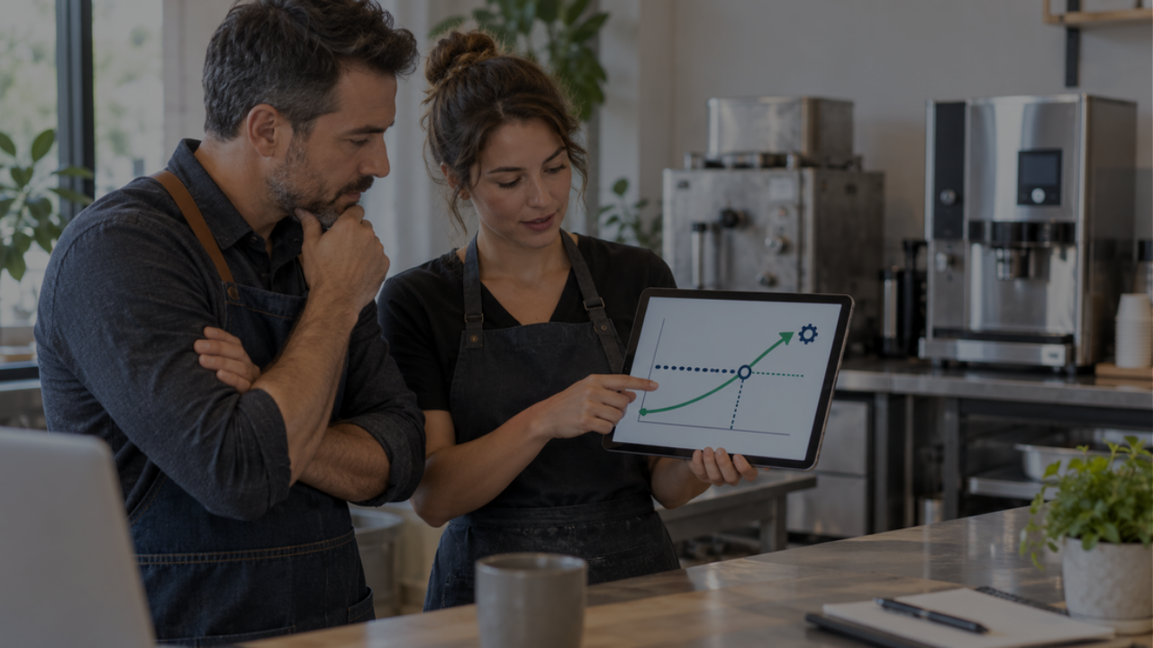 Franchise owners reviewing business growth and profitability with a financial chart