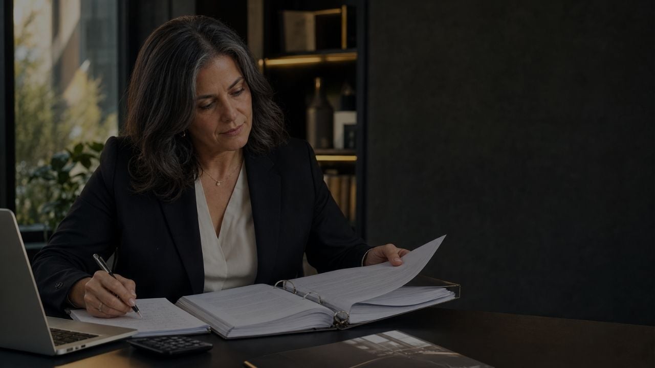 Businesswoman reviewing franchise agreements and financial documents at her desk