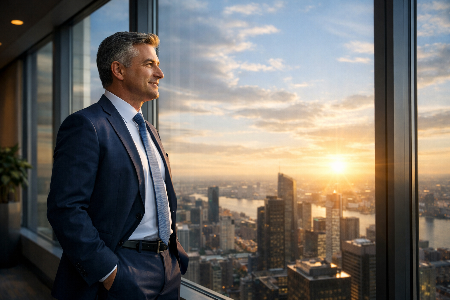 Corporate Executive Staring Out Window With Smile