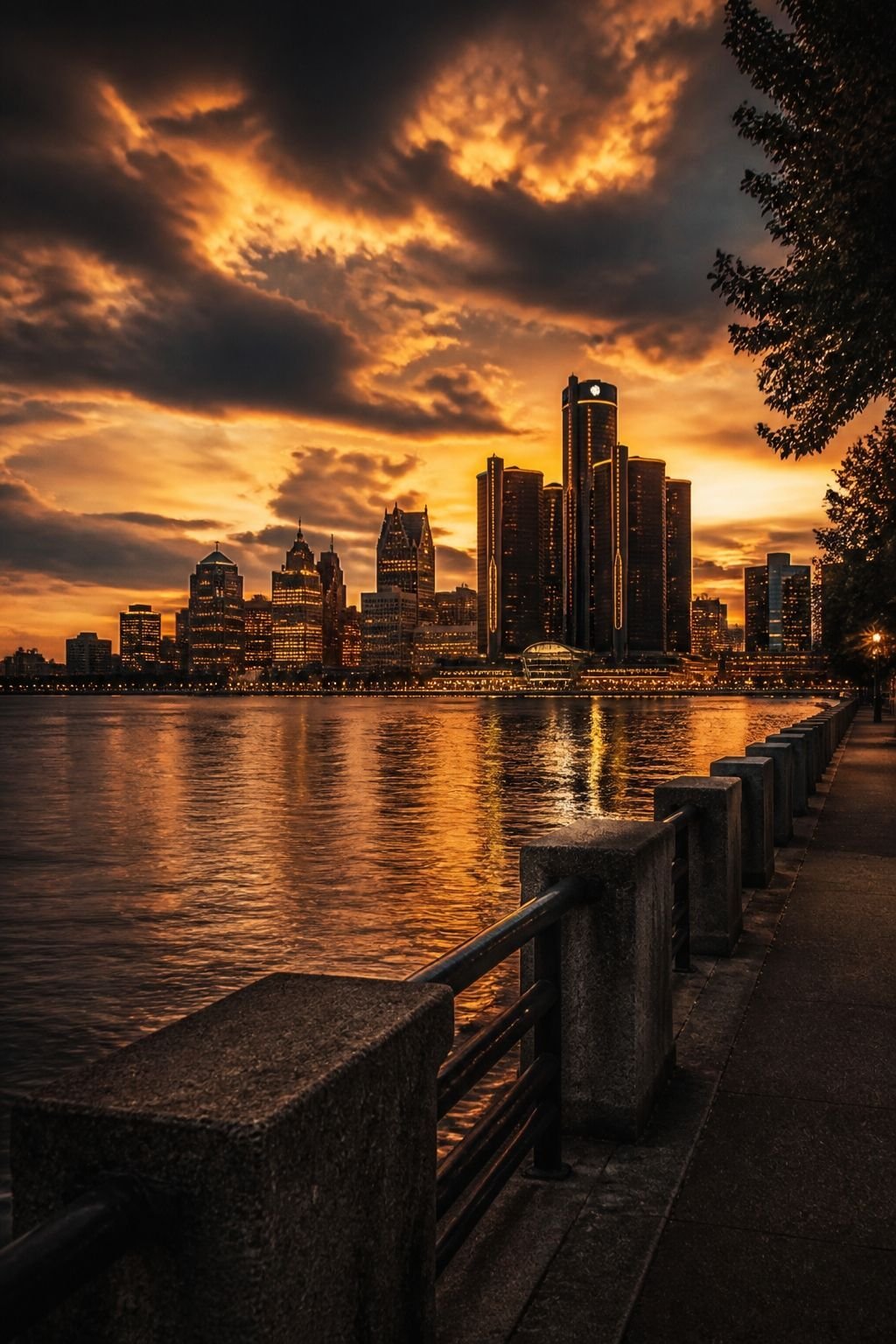 Detroit skyline at golden hour from the Detroit riverfront
