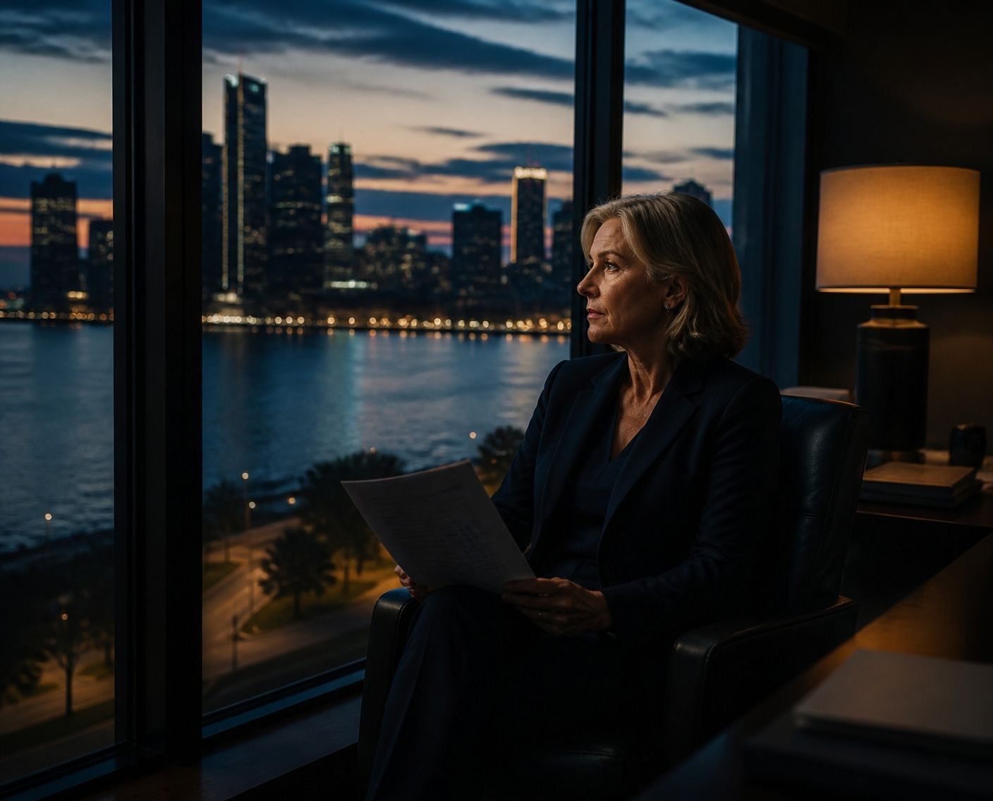 Detroit executive in a corner office at dusk overlooking the Detroit skyline and river